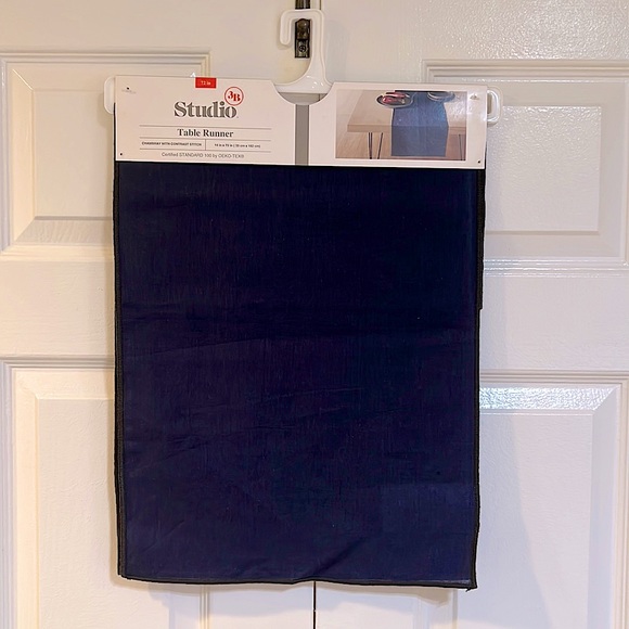 Studio 3B-Blue w/Black Contrast Stitch Linen Blend Table Runner- 14” x 72”-NWT - Picture 2 of 7